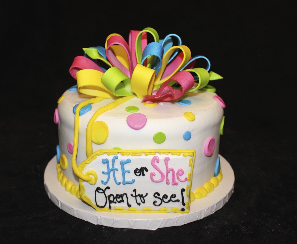 Gender Reveal, pink. blue, yellow, baby shower, bow, fondant, dots, glitter, he or she, Cinotti's Bakery,