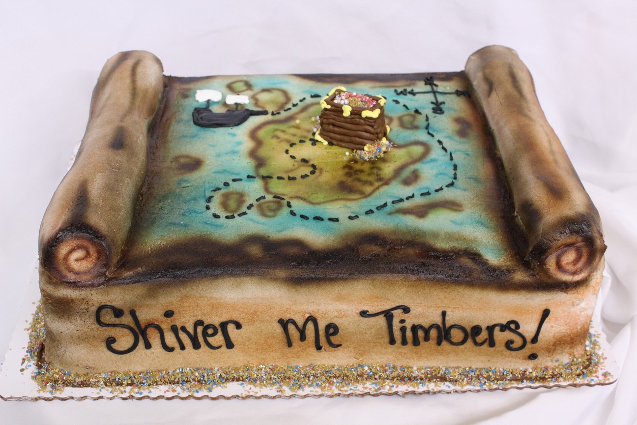 Shiver me Timbers, Pirate Treasure Map Skull Cross Bones, Water, Ship, Scroll, Buttercream Fondant, Cinottis Bakery