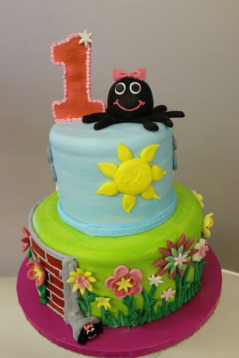 ITsy Bitsy Spider, Nursery rhyme baby shower cake, Girl birthday, Sunshine, books, fondant, buttercream Cinottis Bakery