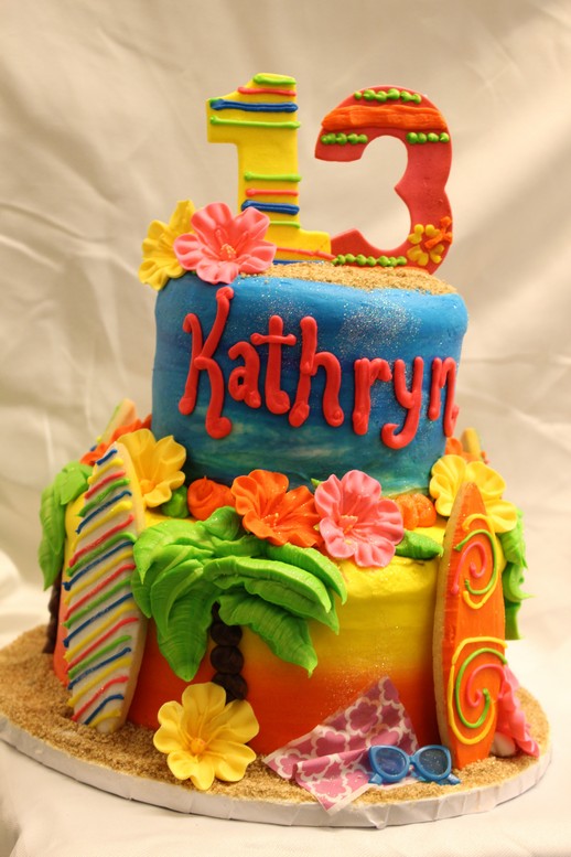 Perfect Sunset, beach party cake, surfboards, ocean, flowers, luau, palm trees, sand, flip flops, cake, baby