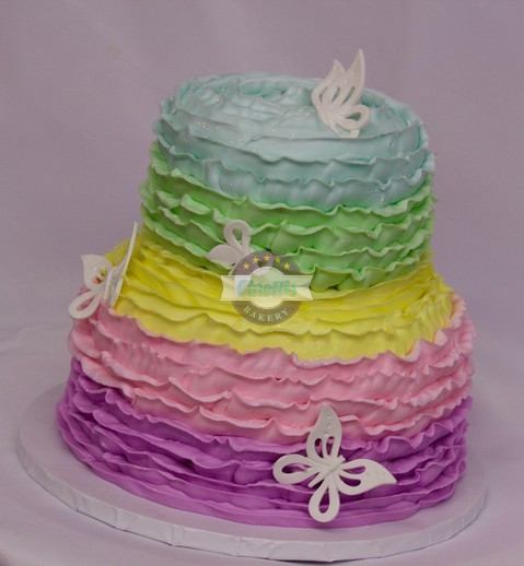 Pastel Ruffles, butterfly, birthday, baby cake, glitter, rainbow colors