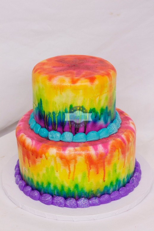 Tie-dyed two tier, hippy peace love happiness, multi color, glitter, sixty's 60's love cake birthday fun,