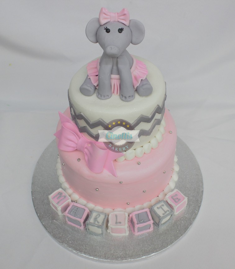 Elephant Baby Ruffle Chevron, Bow, Blocks, Birthday, Fondant, Pink, Cinottis Bakery Ballerina