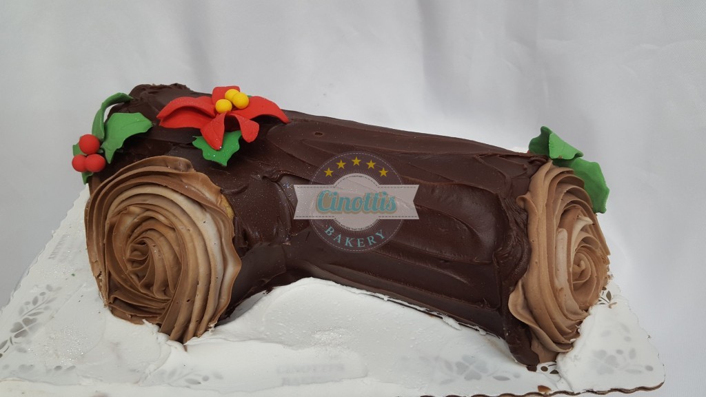 Yule log, Cinottis Bakery, Christmas Cake, Buche de Noel, poinsettia, log, forest, snow