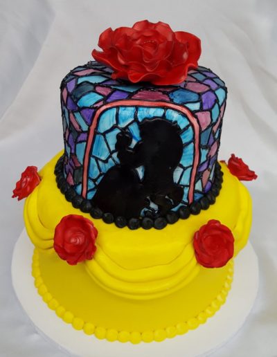 Beauty and the Beast, Stained Glass, Gold, Banners, Roses, Red, Fondant, Buttercream, Bakery, Jacksonville, Beach, Florida, Cinotti