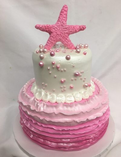 Pink ombre, baby shower, cake, mermaid cake, starfish, beach cake, cinottis bakery