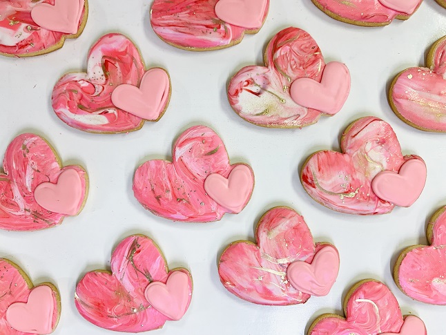 Double Heart Cookie, Valentine Cookie, Gold Marbled heart