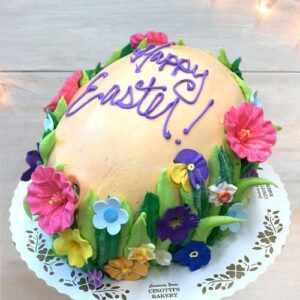 Egg Cake with piped grass and sugar flowers, Easter Dessert