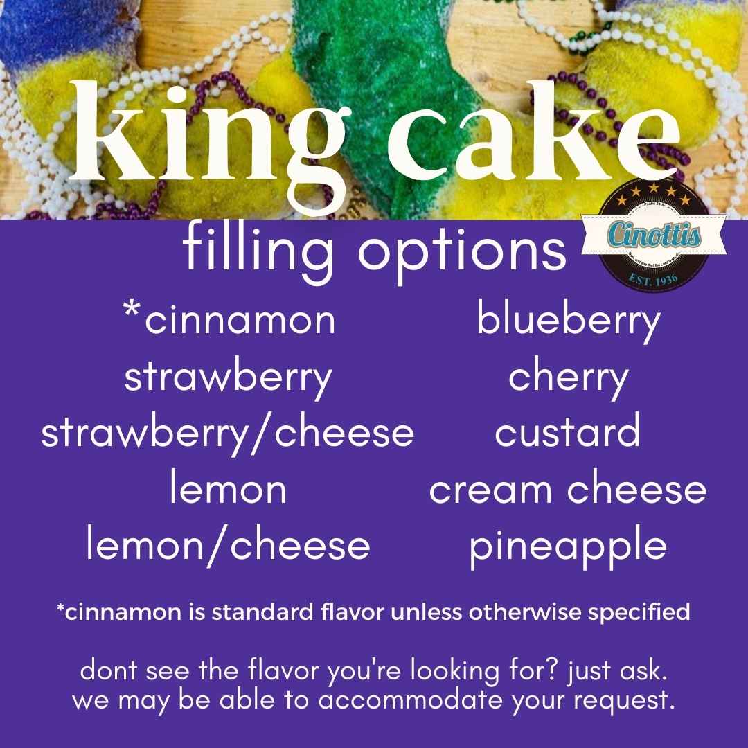 king cake, king cake filling options 2026, cinottis bakery