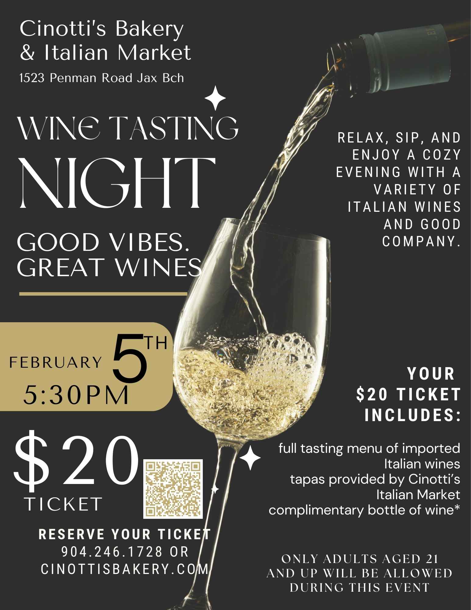 WINE TASTING February 5, 2026 Cinotti's Bakery Jacksonville Beach, FL