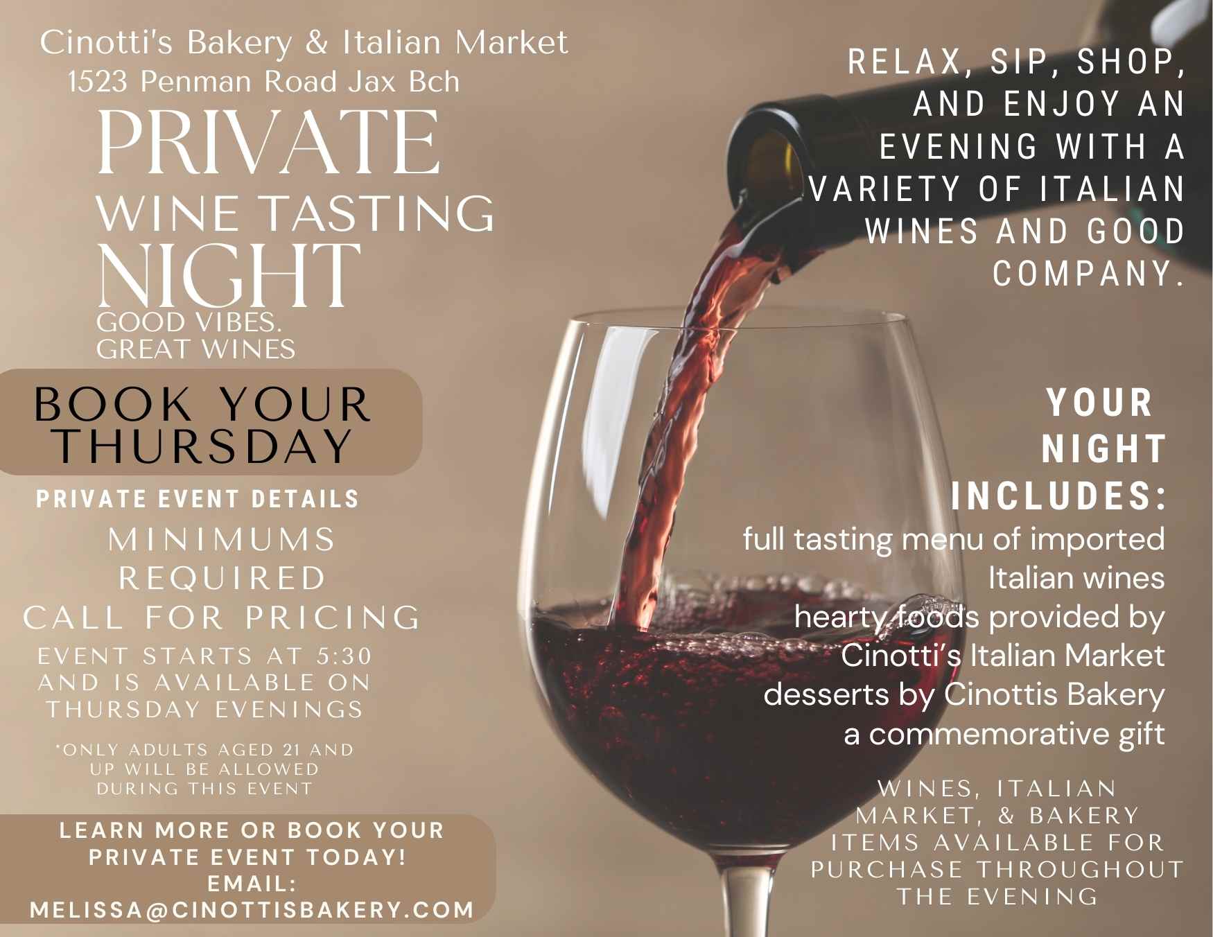 Private event Flyer, Cinotti's Bakery Jacksonville Beach, FL