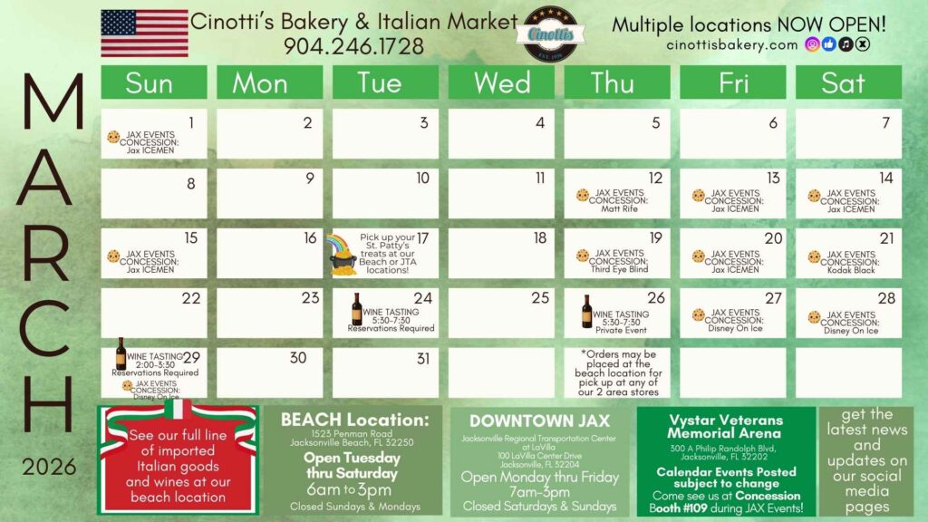 March Events for Cinotti's Bakery including Wine Tastings and Jax Events Dates