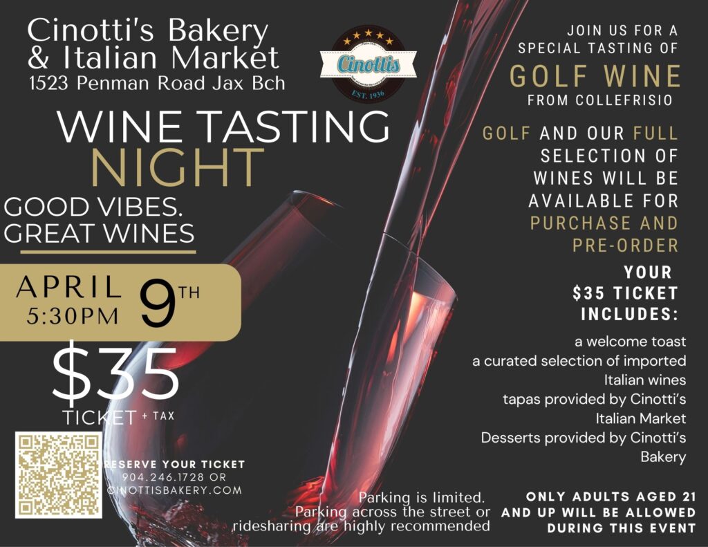 Wine tasting April 9 Cinotti’s Bakery