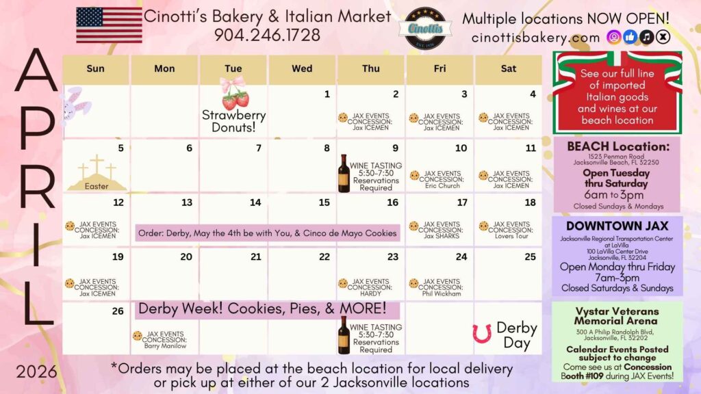 April 2026 Calendar, Cinottis Bakery