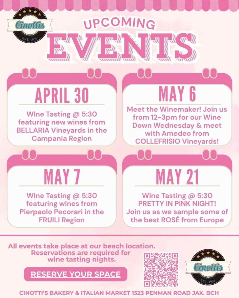 May Events Cinotti's Bakery, Wine Tastings Jacksonville, Cinotti's Italian Market
