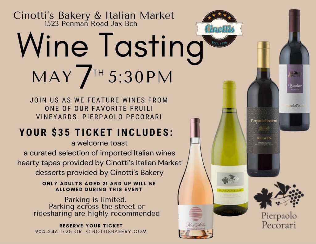 Wine Tasting May 7 Cinotti’s Bakery