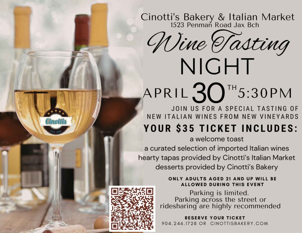 Wine tasting April 30 Cinotti’s Bakery