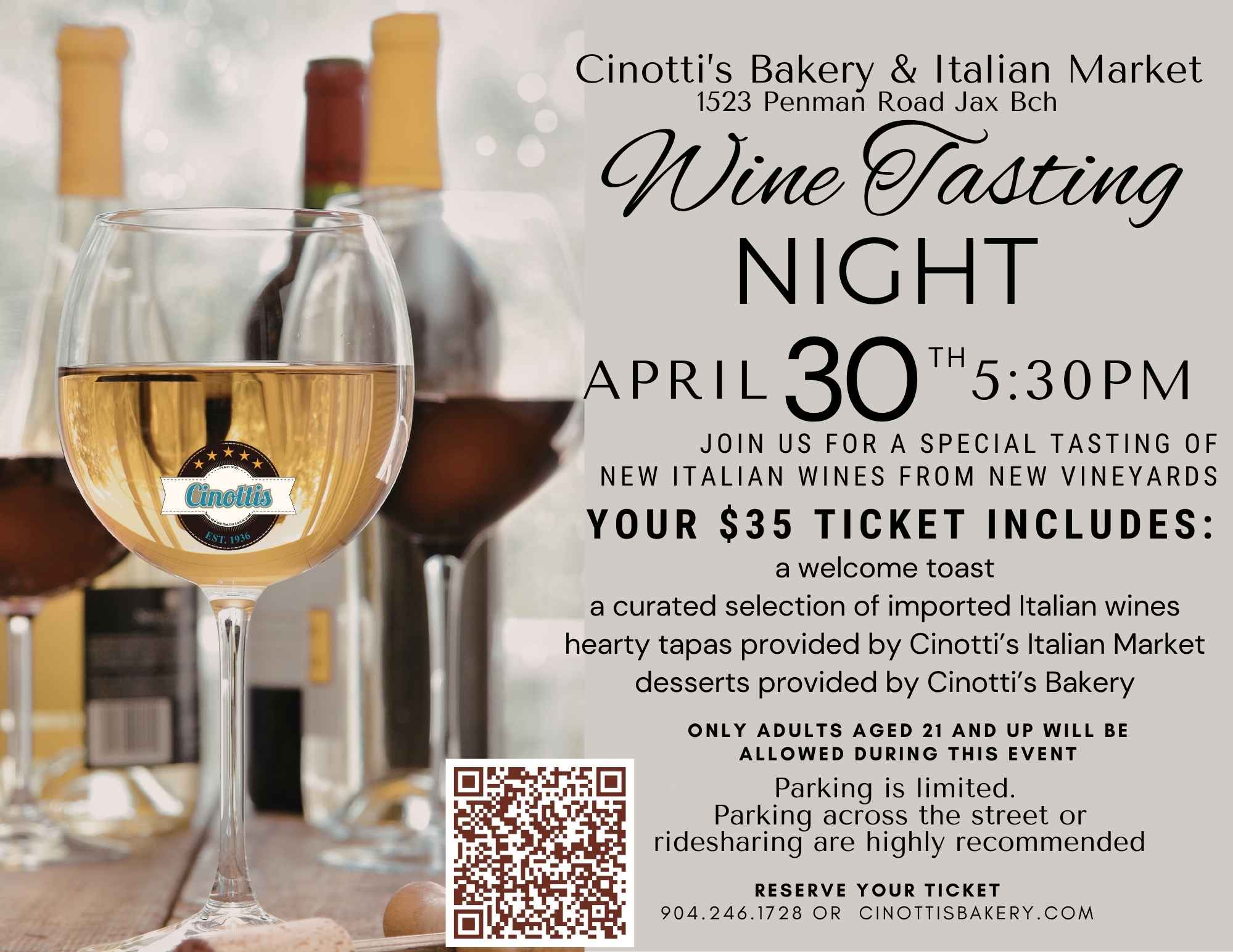 Wine tasting April 30 Cinotti’s Bakery
