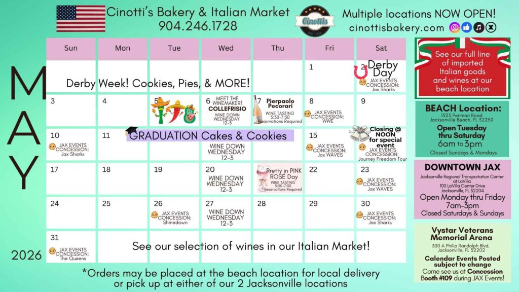 May Calendar 2026 for Cinotti's Bakery featuring holidays and Jacksonville Area Events