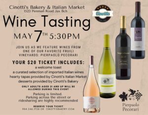 Wine Tasting May 7 Cinotti’s Bakery