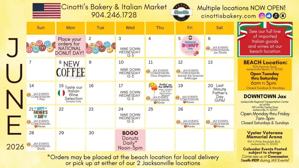 JUNE 2026 Calendar, Cinotti's Bakery and Italian Market