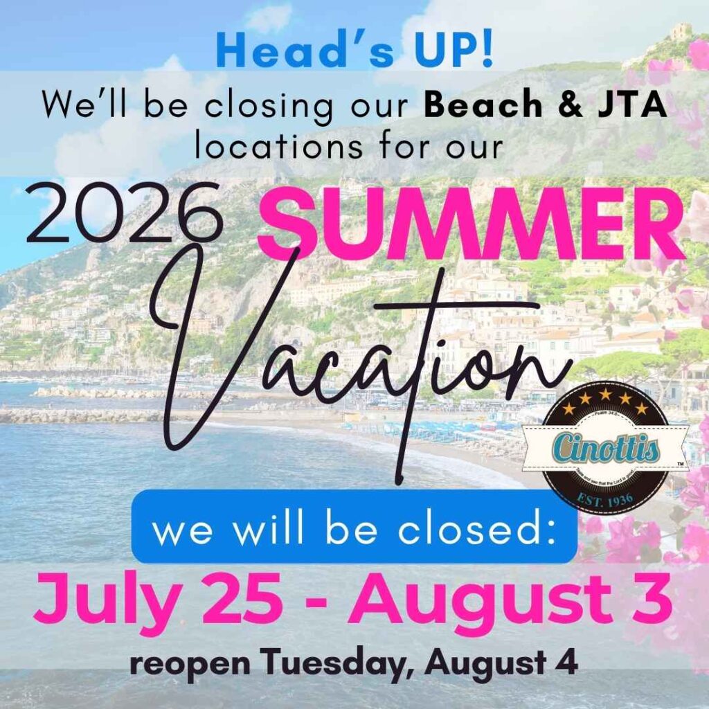 Summer Vacation 2026, Cinottis Bakery Closed for Vacation, vacation Dates July 25 through August 3