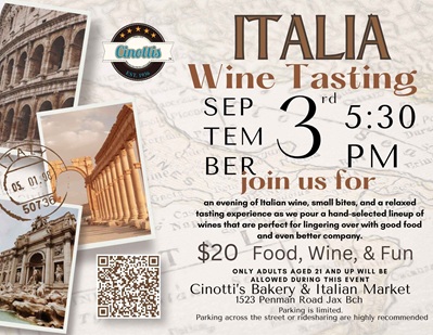 Wine Tasting Jacksonville, Wine tasting Jacksonville, Cinotti’s Bakery, September Wine Tasting, Jacksonville Wine