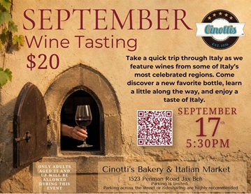 Wine Tasting Jacksonville, Wine tasting Jacksonville, Cinotti’s Bakery, September Wine Tasting, Jacksonville Wine