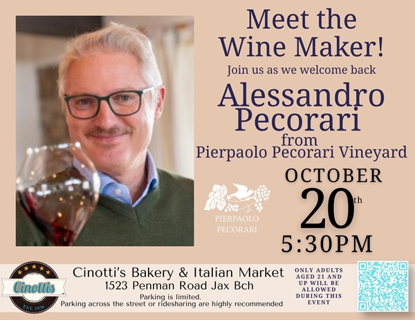 Allesandro Pecorari, Winemaker, Meet the winemaker, Cinotti's Bakery and Italian Market, Jacksonville wine tasting