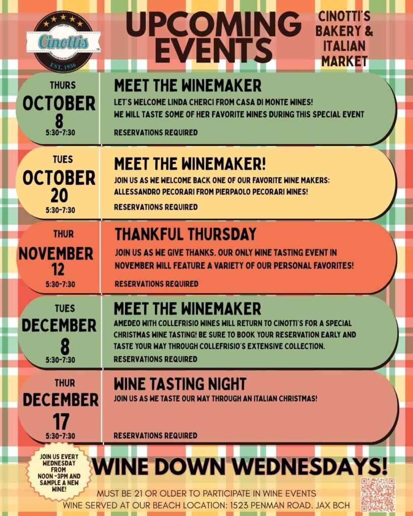 Upcoming WINE events, Cinotti's Bakery, Jacksonville Wine tasting