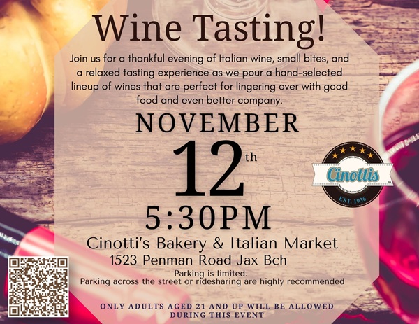 Wine tasting, Jacksonville, November wine event, Cinotti's Bakery and Italian Market, Jacksonville