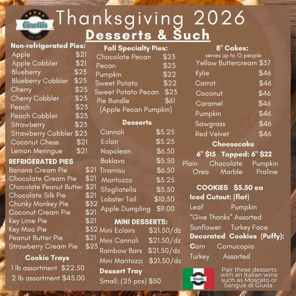 2026 Thanksgiving Desserts, Cinotti's Bakery, Thanksgiving Meal, Jacksonville